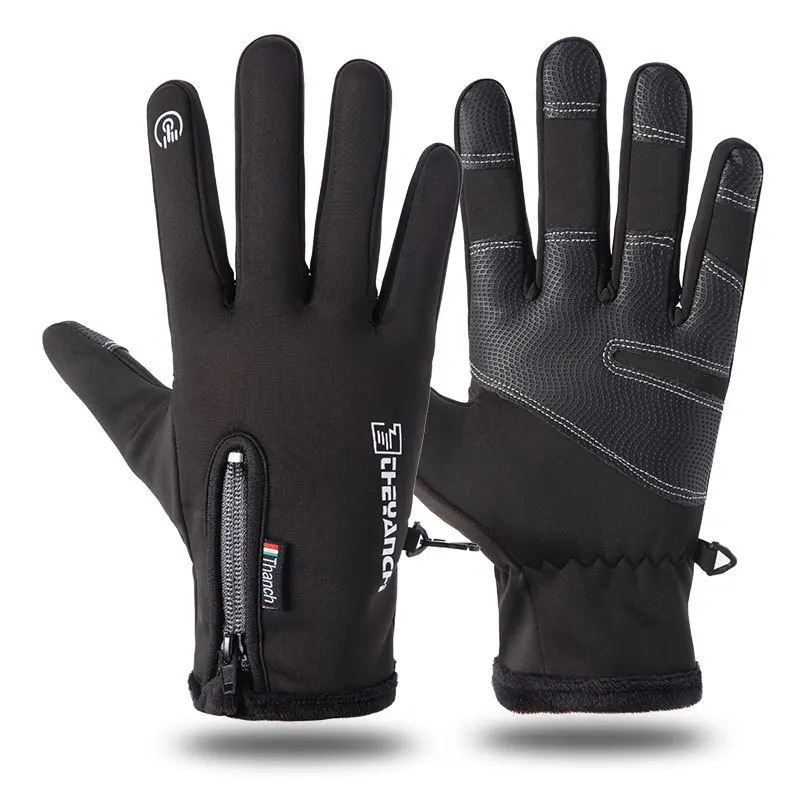 Guantes de ciclismo antideslizantes para hombre y mujer, manoplas de felpa gruesa y cálida para pantalla táctil, cremallera para motocicleta y