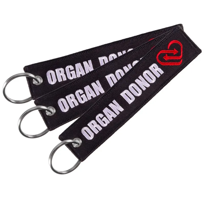 Fashion Keychain Organ Donor Keychains Holder for Motorcycles REMOVE BEFORE FLIGHT Key Fobs Organ Donor Embroidery KeyRing Chain