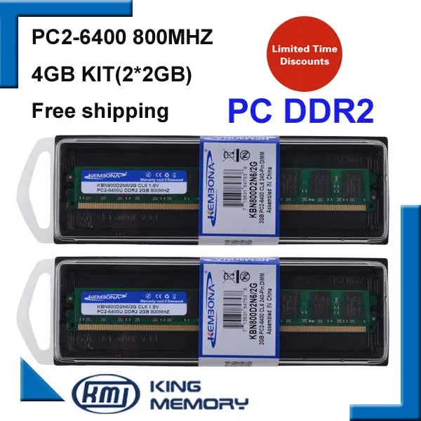 

KEMBONA free shipping LONG-DIMM DESKTOP DDR2 4GB Kit(2*DDR2 2GB) 800MHZ PC6400 8bits Work For All Intel and A-M-D Motherboard