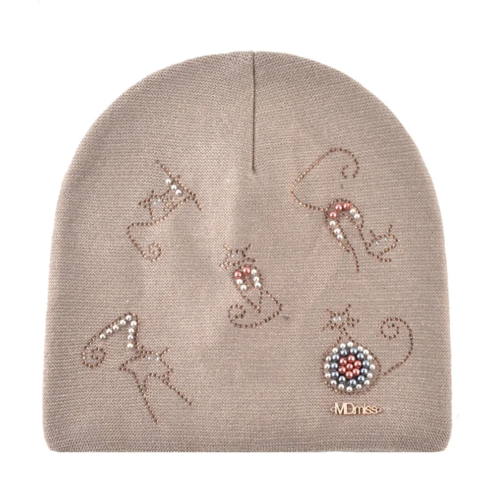 Winter Knitted Hats For Women New Fashion Beanie With Cute Rhinestone Pearls Cats High Quality Cap Ladies Knit Skullies Bonnet