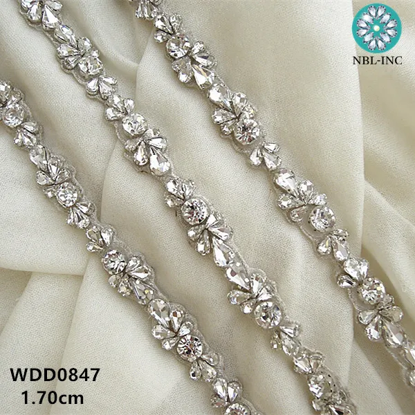 (10 YARDS )Wholesale bridal hand beaded silver crystal rhinestone applique trim iron on for wedding dresses  WDD0847