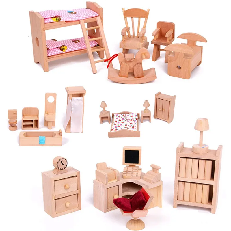 Baby Kids Toy Mother Garden Children's Mini-House Furniture Wooden Simulated Bedroom Bathroom Kitchen Educational Birthday Gift