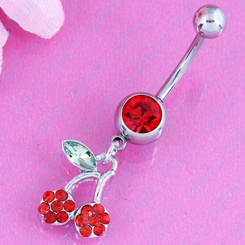 Rhinestone Belly Button Ring Cherry Dangle Body Piercing Jewelry belly navel ring 316L Surgical Steel nickel- free