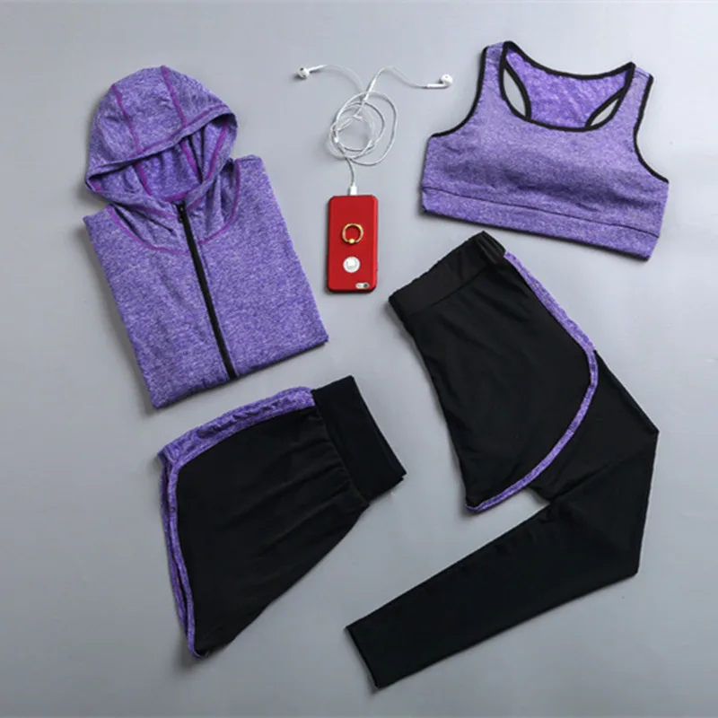 4 pieces set hooded coats+sexy bra+shorts+pants women yoga sportswear clothing quick dry fitness gym tracksuit autumn sets