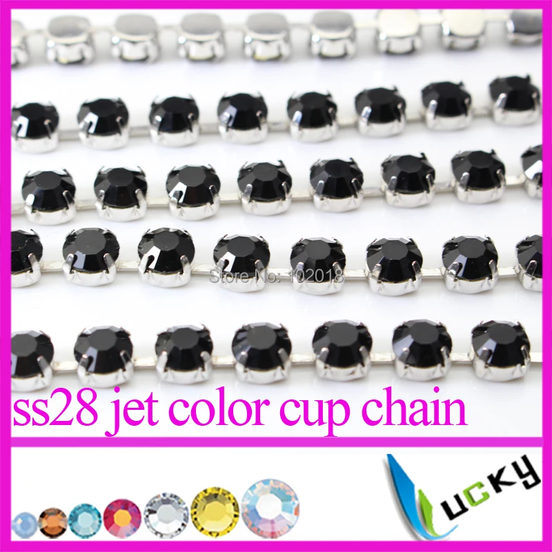 

Free shipping! 5 yards 28ss 6MM Jet black color crystal cup chain rhinestone trim with 888 quality strass Beads for decorations