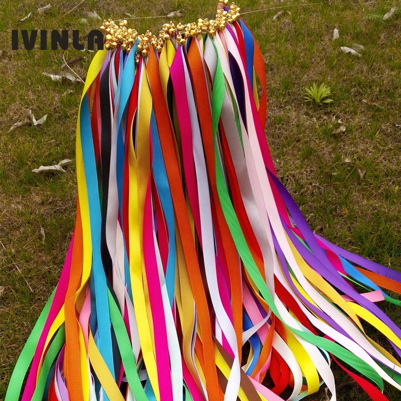 Hot selling 50pcs/lot mixed color wedding ribbon wands colorfull wedding stick With gold Bells for wedding party