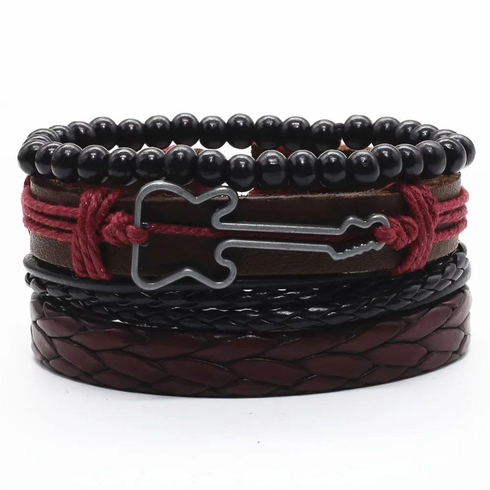 Nuovo 4 pz/set Vintage Piuma Chitarra Croce di Fascino Nero Marrone Perline di Cuoio Dei Braccialetti Per Le Donne Homme Femme Maschile Gioielli