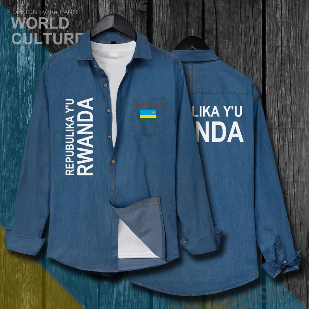 

Rwanda Rwandan Rwandese RWA RW Men Flag Clothes Autumn Cotton Long Sleeve Cowboy Coat Fashion Turn-down Collar Jeans Shirt Tops