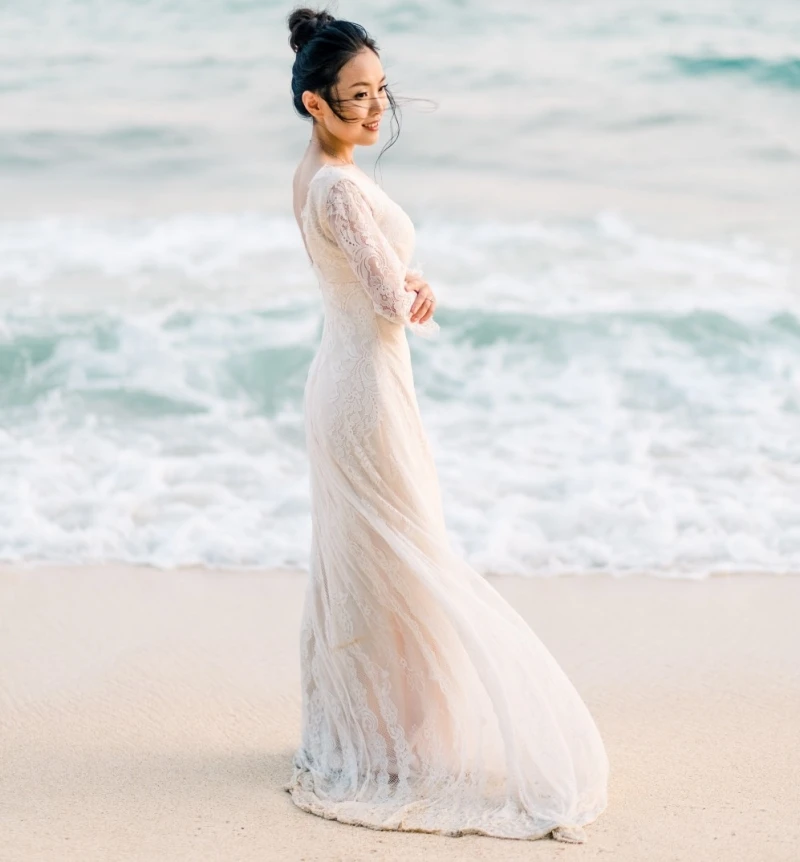 Bán 2019 Vintag Ren Boho Champagne Dòng Áo Cưới Bãi Biển Hở Lưng Áo Cưới Vestidos De Noiva Áo Dây De Mariage