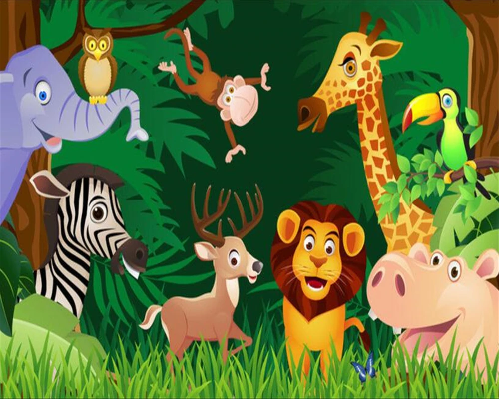 Custom size wallpaper cartoon forest animals lion elephant giraffe hippopotamus monkey children's room home decoration 3D mural