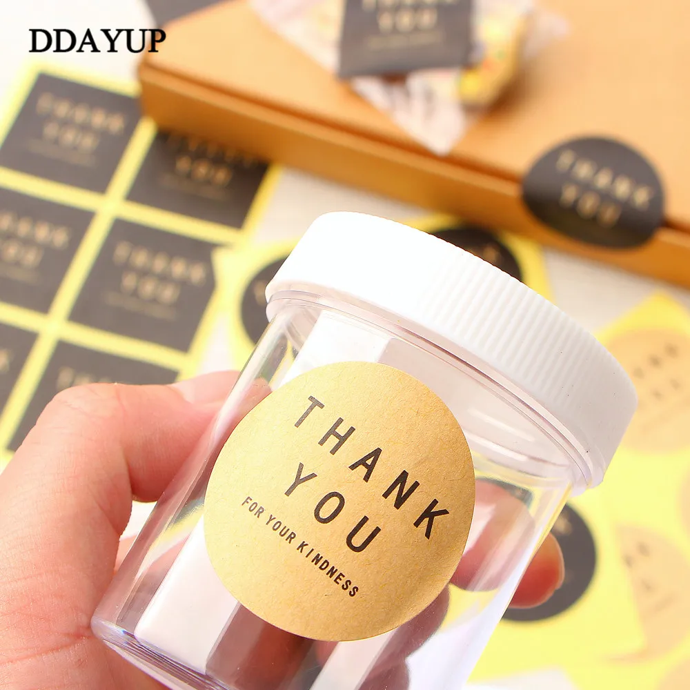 60Pcs Sticker Label Terima Kasih Round Square Hitam Kertas Kraft Warna Penyegelan Baking Biskuit Tas Seal Dekoratif Stiker