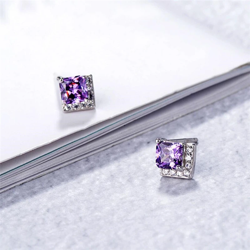 Sole Memory Creative Geometry Square Purple Crystal Silver Color Fashion Female Stud Earrings SEA585