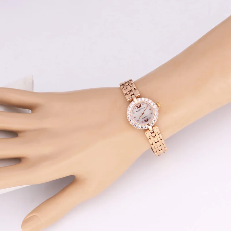 Small Lady Women's Watch Fine Fashion Hours Mother-of-pearl Stainless Steel Bracelet Rhinestone Girl's Gift Royal Crown Box