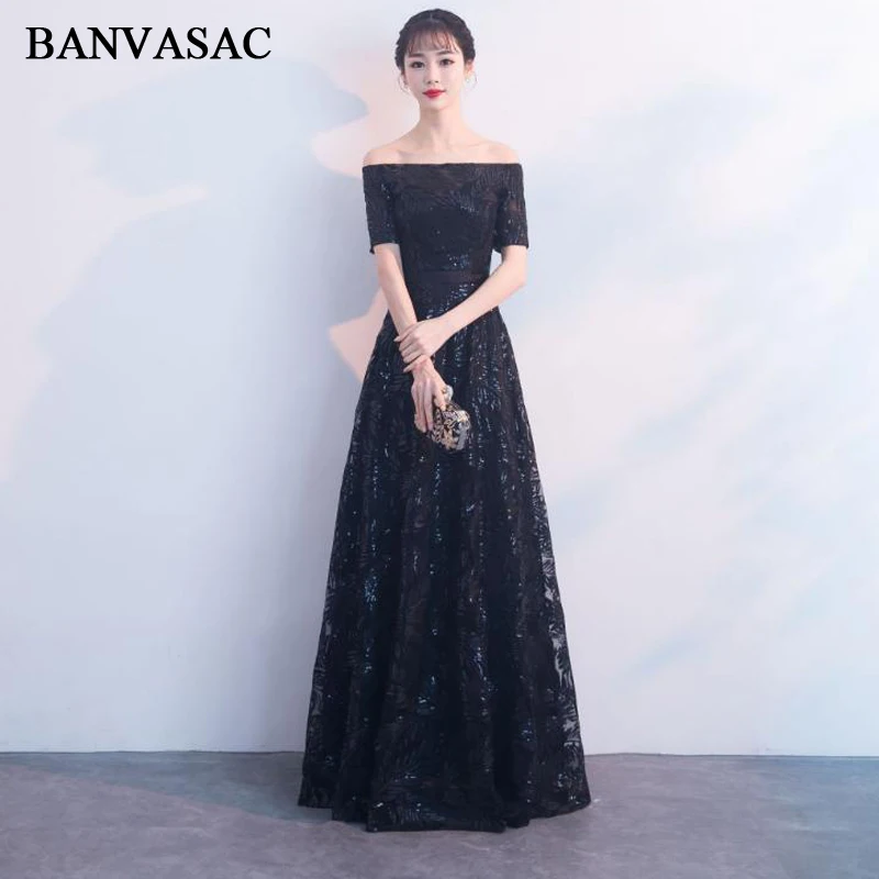 

BANVASAC 2018 Boat Neck Sequined A Line Long Evening Dresses Party Lace Short Sleeve Off The Shoulder Prom Gowns