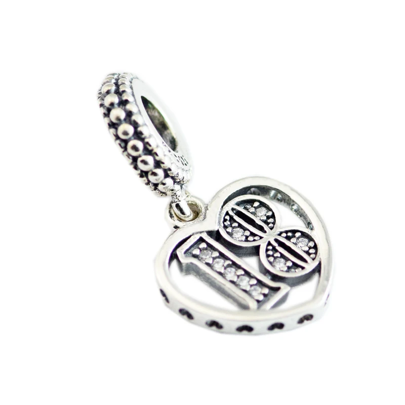 

925 Sterling Silver 18 Years of Love Dangle Charm, Clear CZ Fits Brand for DIY Women Bracelets Necklace Pendant Birthday