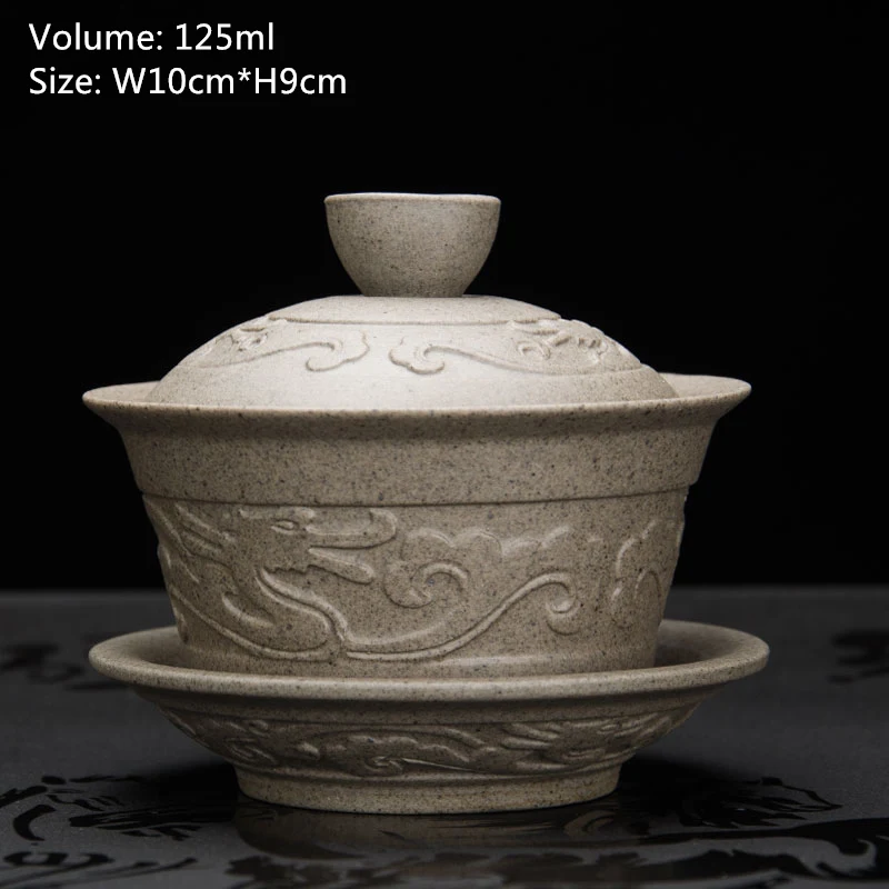 newly listed crude pottery gaiwan dragon relief handmade carved porcelain tureen covered bowl on sales Chinese tea set cup bowls