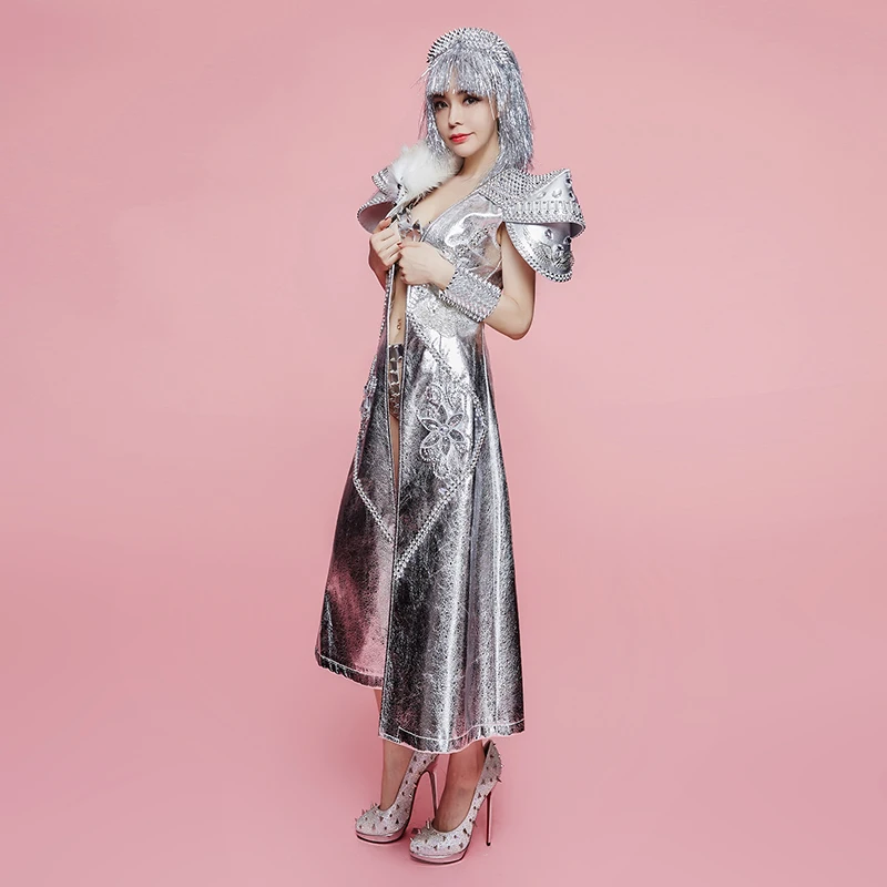 Silver Rivets Leather Bra Short Shrugged Stone Long Jacket Women's Set Female Singer Dance Party Wear Nightclub Show Outfit Sets