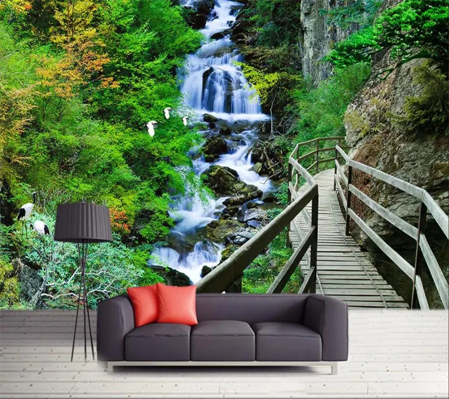 beibehang Custom wallpaper 3D murals mountain stream wooden bridge plank road landscape wall decoration painting 3d wallpaper