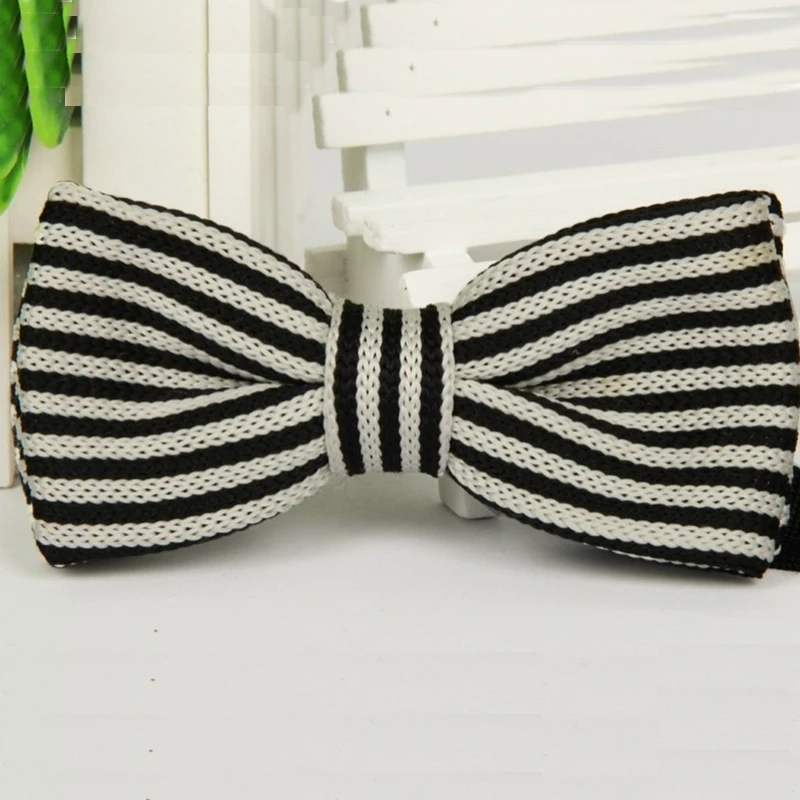 

1pcs Men's Classical Black White Striped Bowtie Double Layer Knit Bowtie Knitted Pre Tied Bow Tie Groom Wedding Party ZZBW230