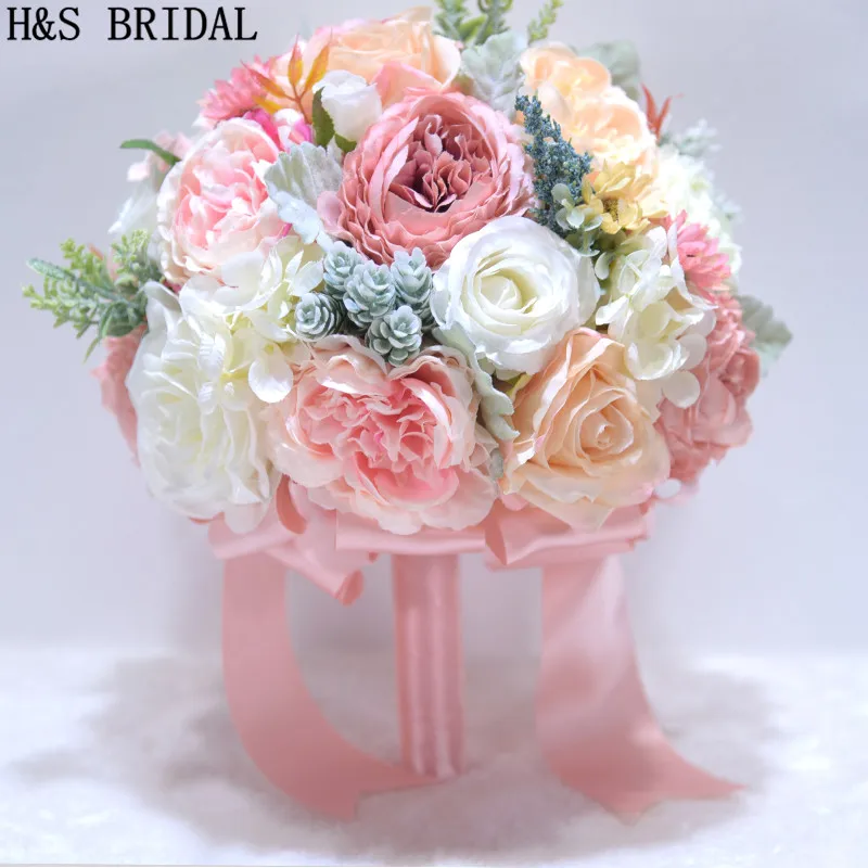 H & S BRIDAL 핑크 신부 꽃다발 자주색 꽃다발 De Mariage 신부를위한 인공 빈티지 결혼식 꽃다발 2020 신부 들러리 꽃