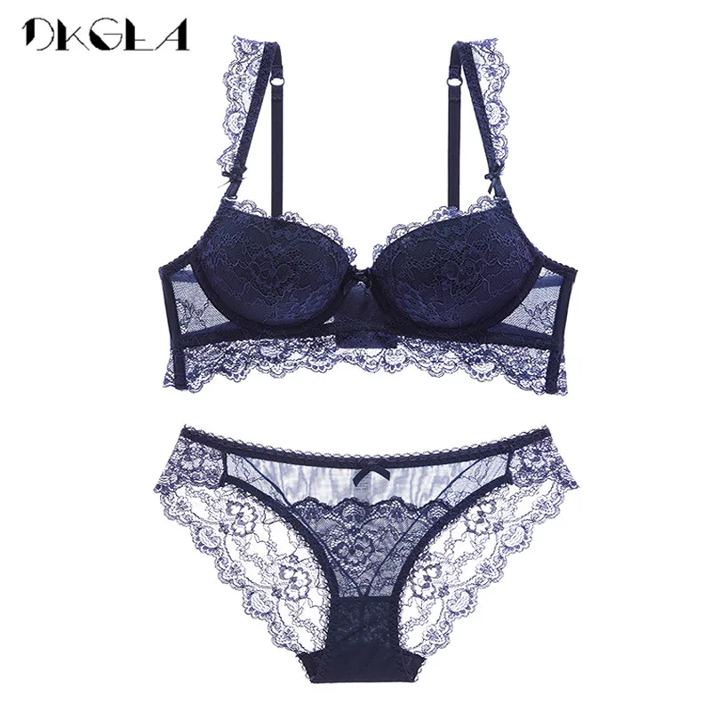 France Women Underwear Set Cotton Sexy Lace Blue Bras Thick Push-Up Bra Set Comfortable Brassiere Embroidery Lingerie 3/4 Cup