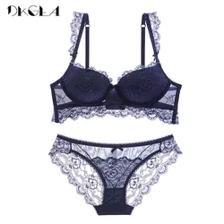 France Women Underwear Set Cotton Sexy Lace Blue Bras Thick Push-Up Bra Set Comfortable Brassiere Embroidery Lingerie 3/4 Cup