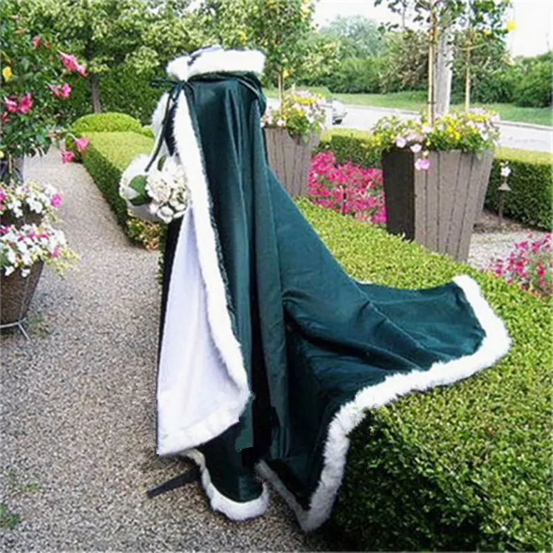 Winter Keep warm Wedding jacket Long Hooded Cloak Faux Fur Trim Multicolor Bridal Wedding Shawl Cloak