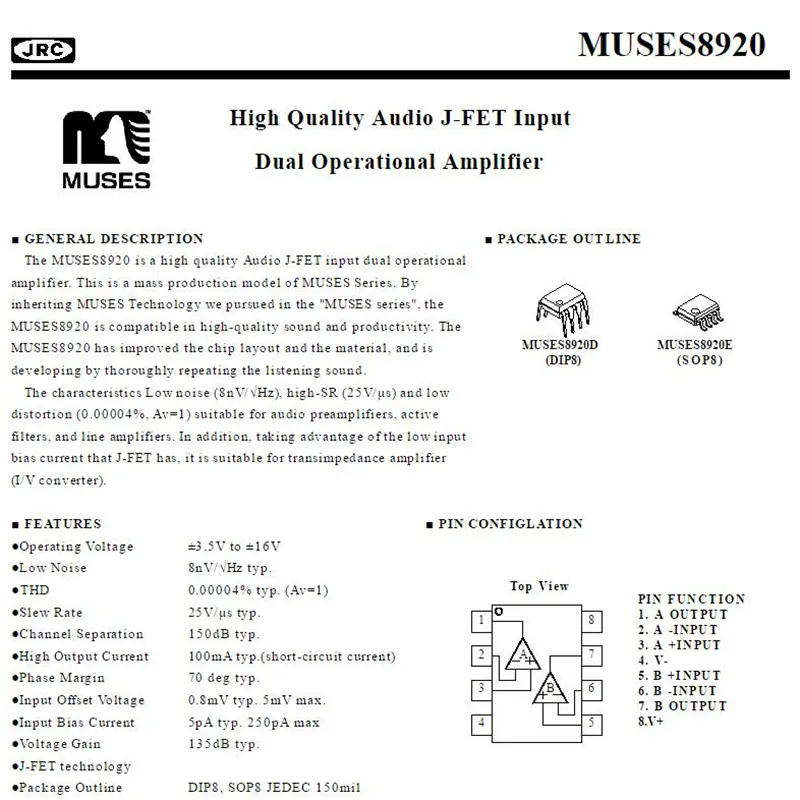 1 piece Original MUSES 8920  Dual op-amp  for  ES9038 ES9018 ES9028  decoder headphone amplifier  pre amplifier