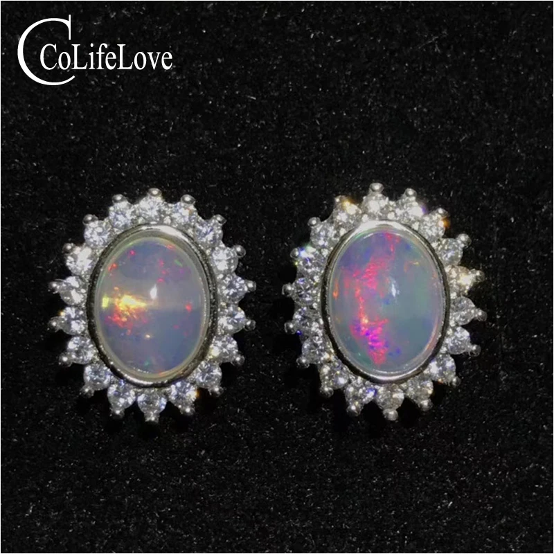 Classic opal earrings for office woman 6 mm * 8 mm real natural opal stud earrings 925 sterling silver opal jewelry