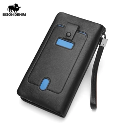 BISON DENIM Real Cowskin Men Wallets Large Capacity Card Holder Wallet Coin Purse Genuine Leather Long Purse For Men N8138