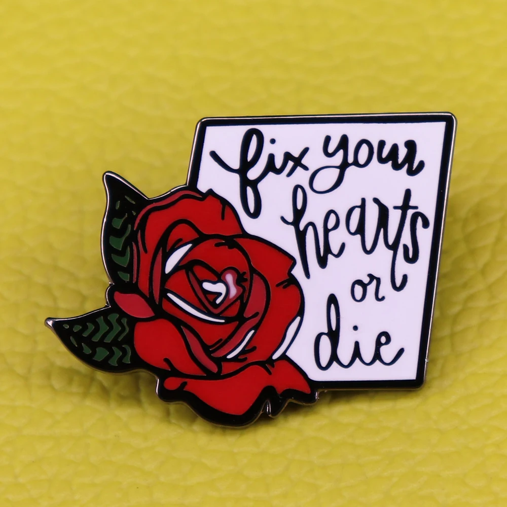 Fix your hearts or die pin red rose brooch transgender equality badge Twin Peaks charity pins trans rights jewelry LGBT gift