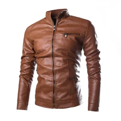 2022 New Fashion Men's Solid Color Leather Jacket , High-quality PU leather stand-collar slim jacket jacket Brown, black