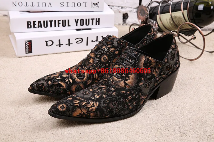 Italian mens shoes brands pointed toe dress shoes flowers printing genuine leather wedding shoes high heels designer shoes men