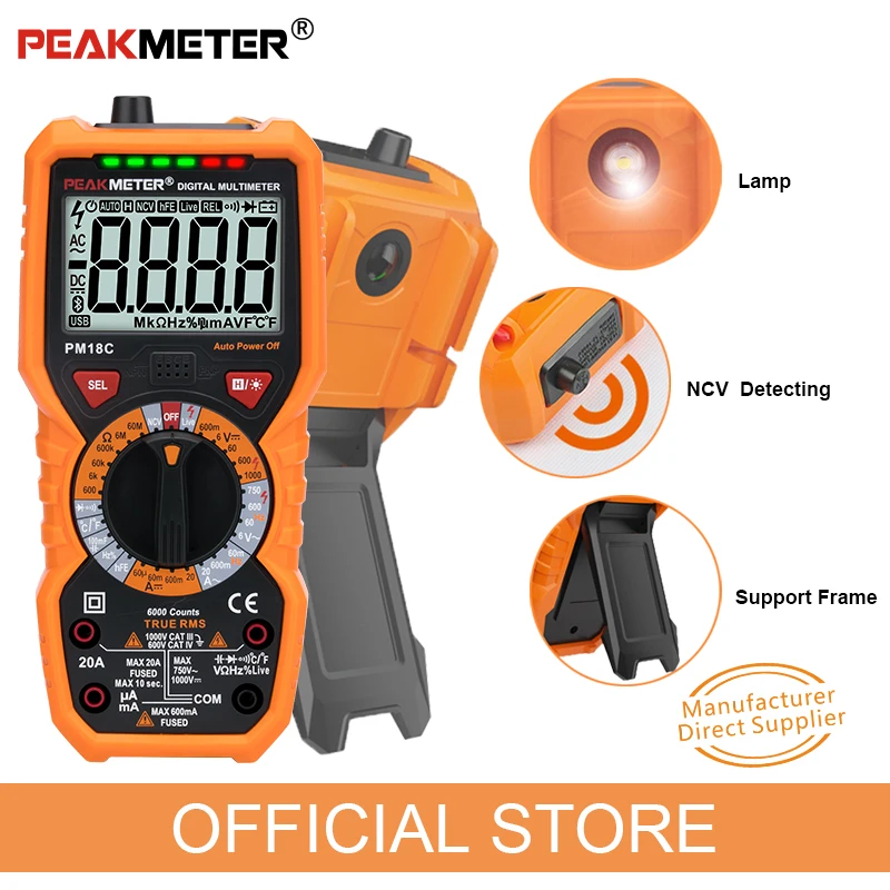 Multimetro digitale PEAKMETER PM18C True RMS AC/DC misuratore di resistenza di tensione capacità frequenza temperatura NCV Tester