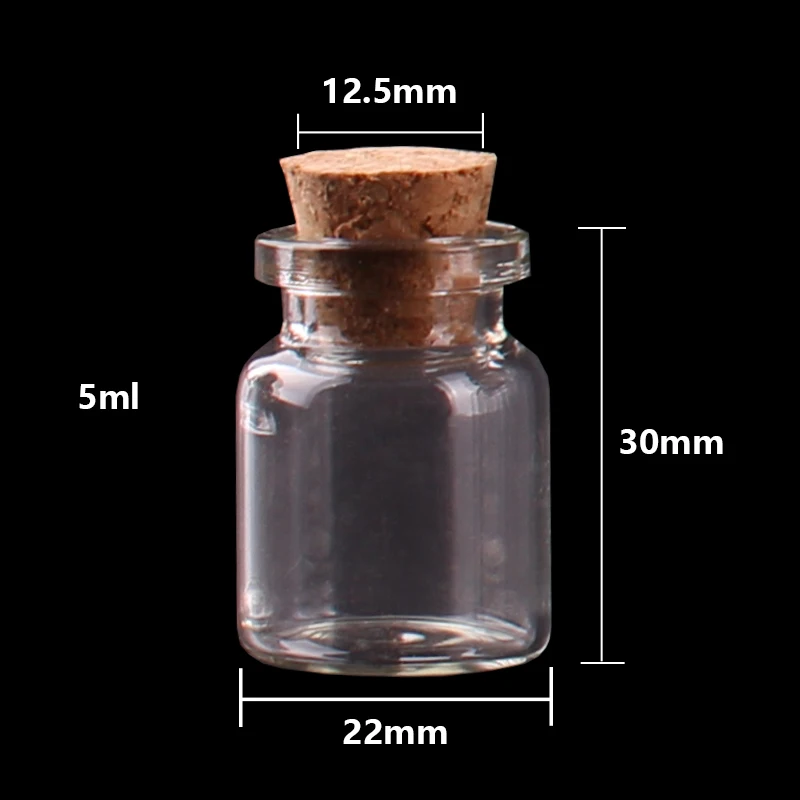 100pcs 22*30*12.5mm 5ml Mini Glass Perfume Spice Bottles Tiny Jars Vials With Cork Stopper pendant crafts wedding gift