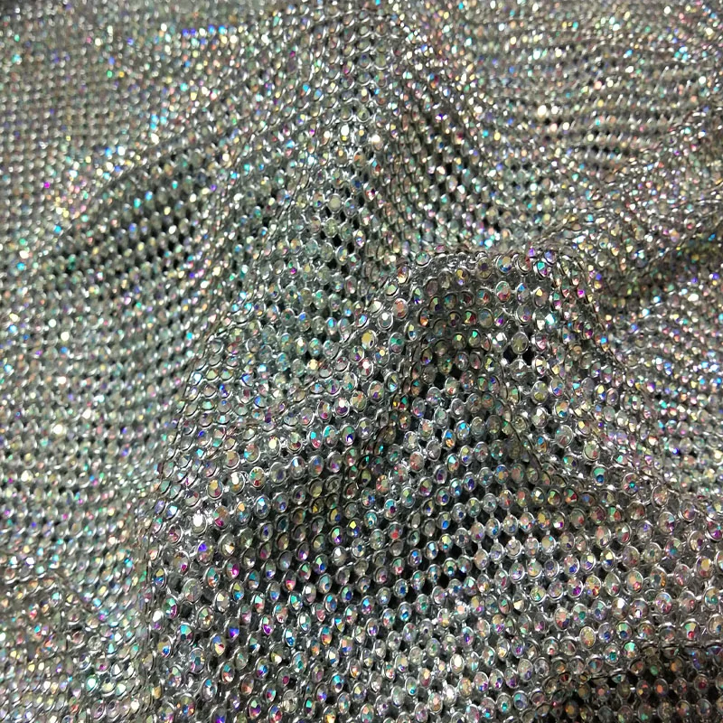 ZY Bling Bling Chunky Glitter Silver AB Rhinestone Metal Mesh Fabric Metallic cloth Metal Sequin Sequined Fabric Home Decoration