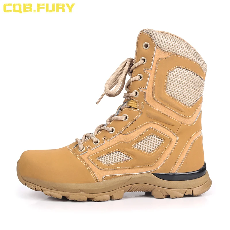 CQB.FURY Summer Men\'s Black Leather Tactical Boots Desert Cow Suede Combat Breathable Mesh Boots