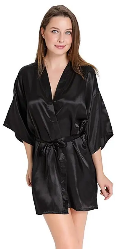 Sexy Silk Satin Night Kimono Robe Short Bathrobe Perfect Wedding Bridesmaid Bride Robes Solid Dressing Gown For Women