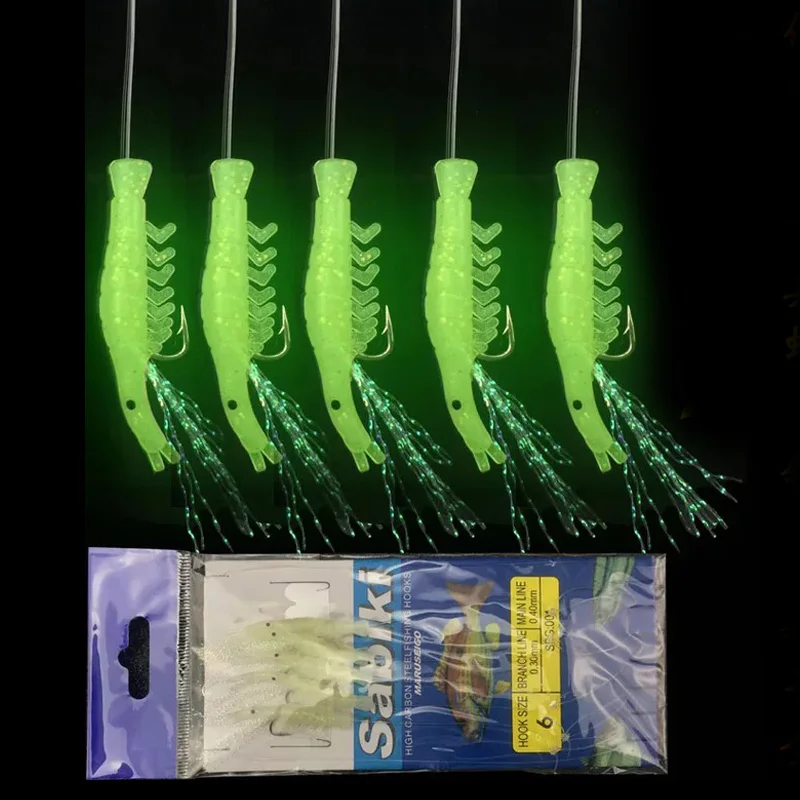 1 pack Sabiki Fishing Hook Tring Hook with Soft Luminous Shrimp Jigging Hook size 1 # ~ 6 # Night Fishing