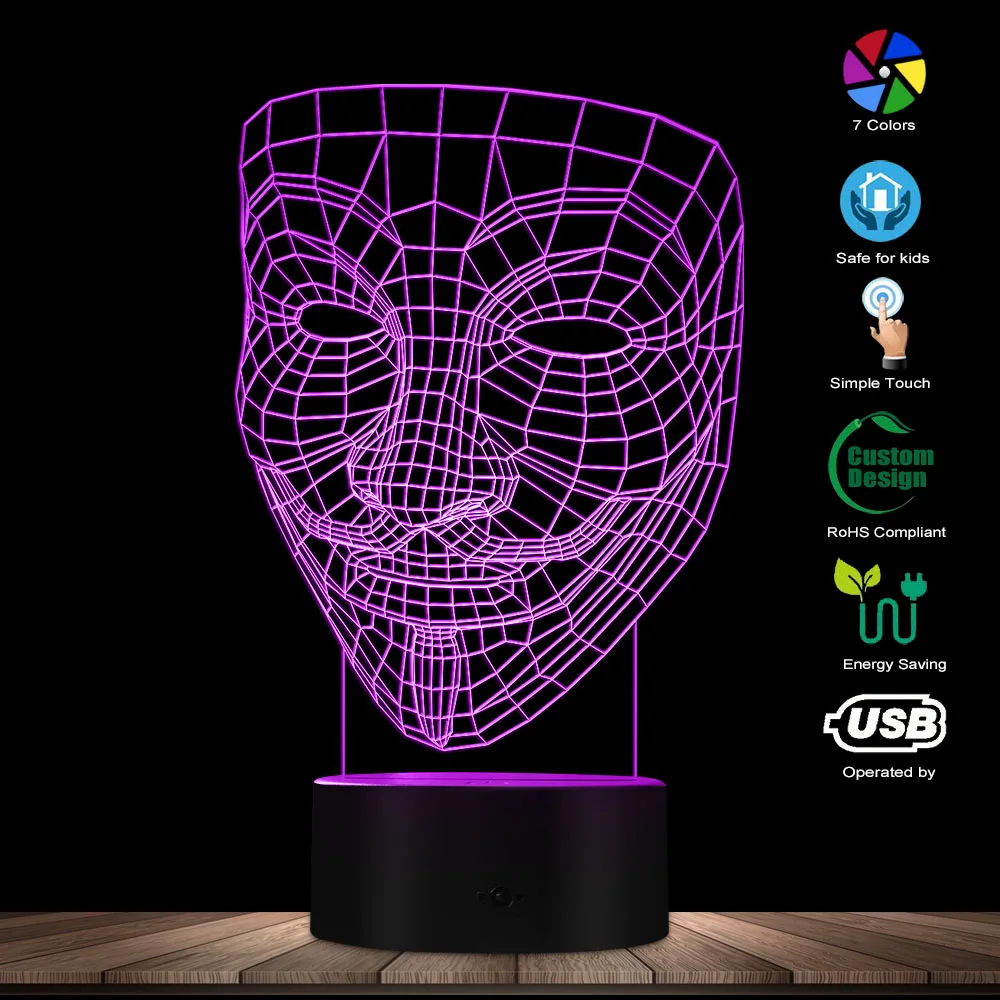 

V For Vendetta 3D Optical illusion Night Light Disobey Anonymous Guy Fawkes Mask Party Decorative Lighting Glowing LED Desk Lamp