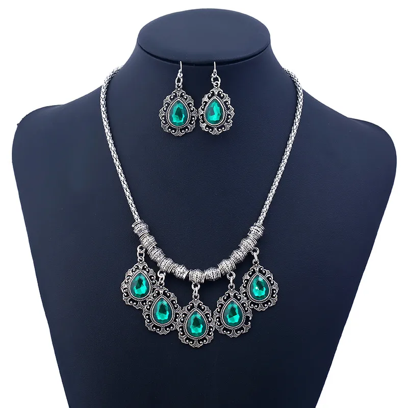 Ahmed Turkish Vintage Big Crystal Jewelry Sets For Women Statement Necklace Earring Set Water Drop Tassel Wedding Jewelry