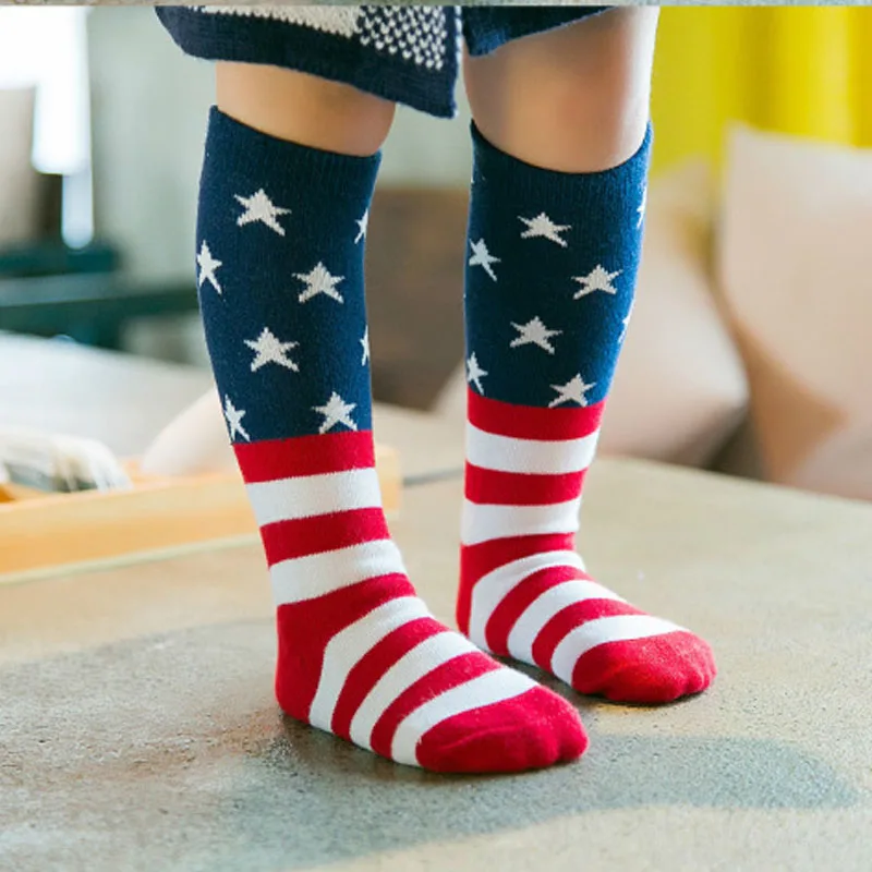 Newborn Kids Girl Boy  Stripes stars American flag pattern Anti-slip Knee High Socks Baby Socks for toddler boys/girls