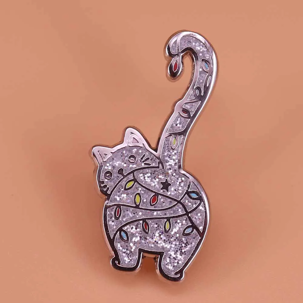 Christmas kitty enamel pin cute glitter brooch  cocked tail cat badge creative Christmas tree pins animal art jewelry