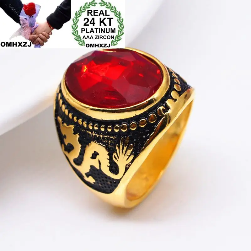 

OMHXZJ Wholesale European Fashion Man Party Wedding Gift Rectangle Oval Red Gold Black AAA Zircon 24KT Yellow Gold Ring RR812