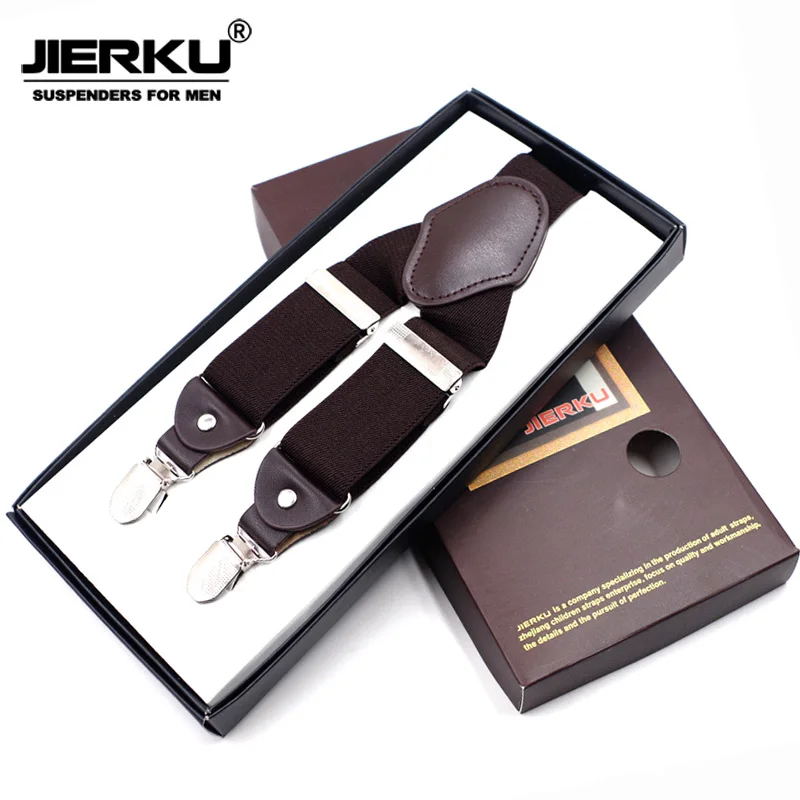 JIERKU Suspenders Man's Braces Leather 4Clips Suspensorio Fashion Trousers Strap Father/Husband's Gift Tirantes Hombre JK4C08