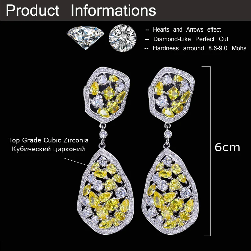 CWWZircons Irregular Design White Gold Color Long Drop Gorgeous CZ Crystal Yellow Stone Earrings for Women Jewelry CZ288