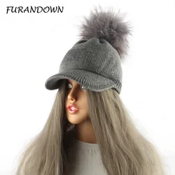 Gorro con pompón de piel para mujer, gorra de béisbol de punto de algodón con visera de marca, gorros Skullies para mujer, otoño e invierno, nuevo