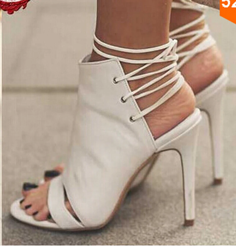 

Hot Selling Women Fashion Open Toe White Suede Leather Gladiator Sandals Lace-up Cut-out High Heel Sandals Free Shipping