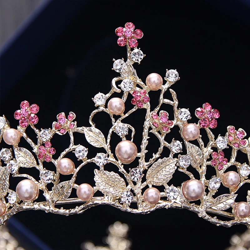 Tiaras y coronas de novia para mujer, corona redonda de hoja de flor rosa perla de cristal, corona grande para novia de boda, accesorios para el cabello, diadema