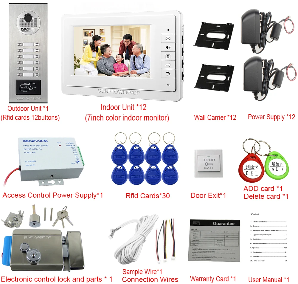 For 12 Apartments Access Aontrol RFID Cards Unlock Video Intercom System For  The Apartment Of 12 Units+Electronic Door Lock Kit